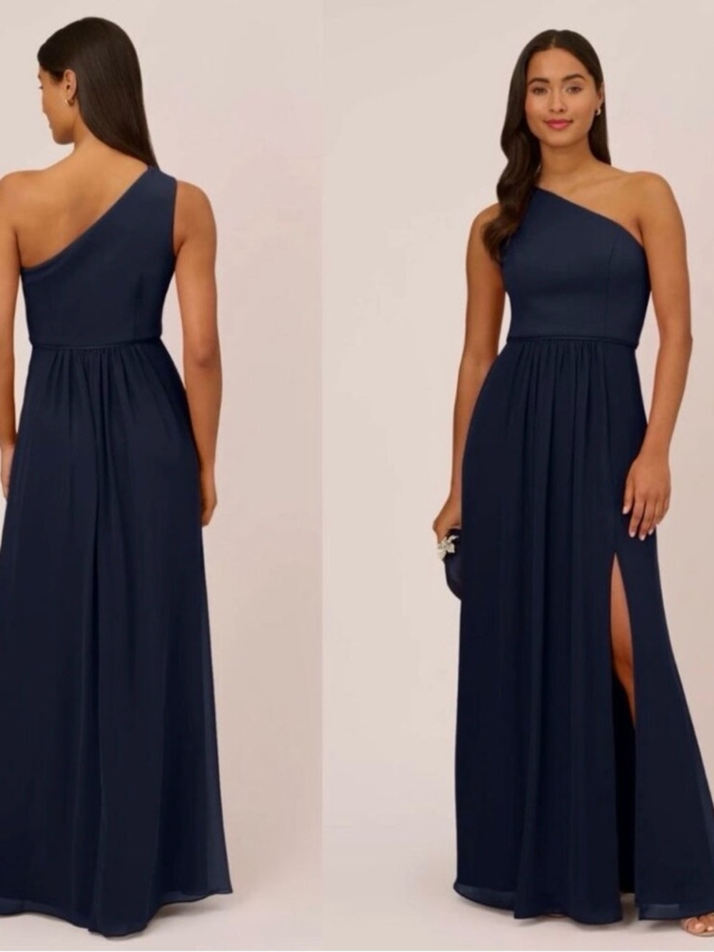 Adrianna Papell Chiffon One Shoulder Maxi Dress Gown
Pleated Navy Blue size O
